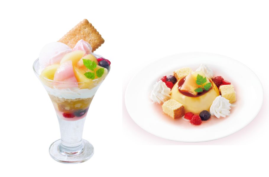 「白桃づくしパフェ」と「白桃とプリンプレート」